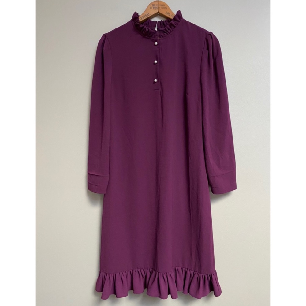Karl Lagerfeld eggplant colored ruffle neck dress